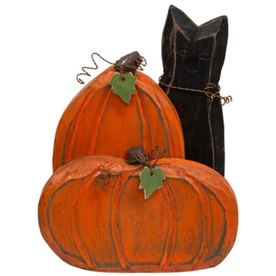 Slickblue; Set of 2 Halloween Wooden Pumpkin and Black Cat Tabletop Decor, Freestanding Carved Wood Sitter with Wire Accents, Fall Seasonal Decoration for Shelf, Mantel & Table; Category:Decor Pumpkins; Image:1